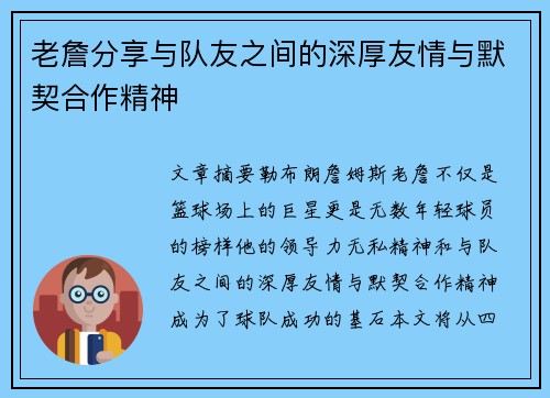老詹分享与队友之间的深厚友情与默契合作精神
