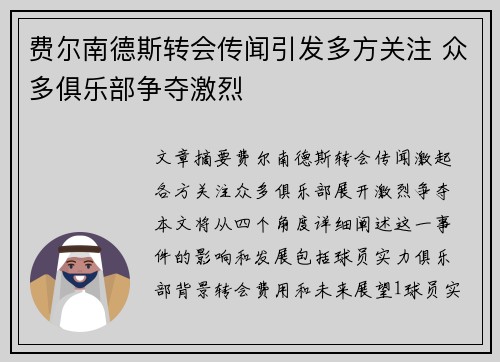 费尔南德斯转会传闻引发多方关注 众多俱乐部争夺激烈 费尔南德斯转会传闻引发多方关注 众多俱乐部争夺激烈